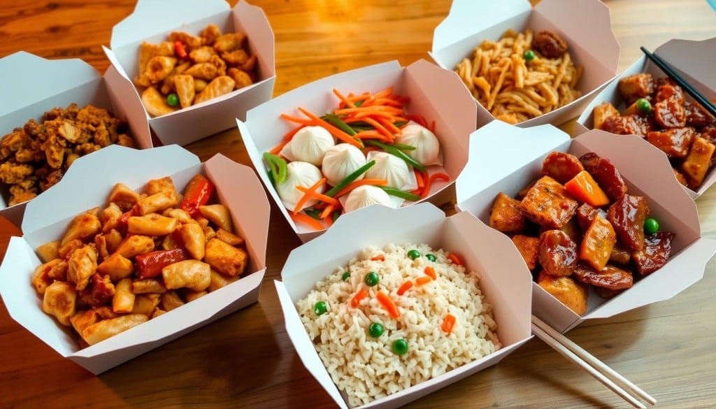 Chinese takeout featuring popular Chinese dishes