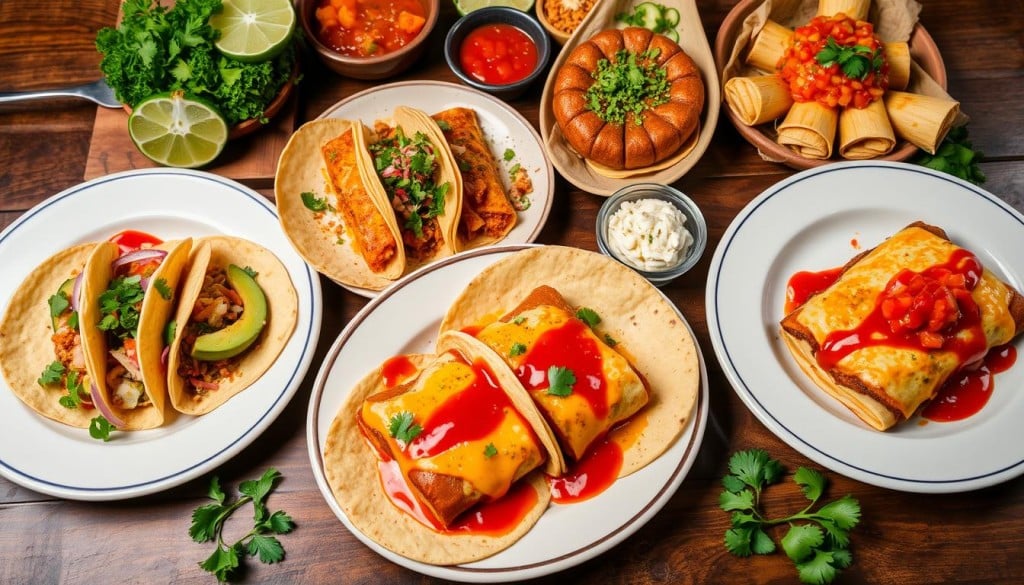 Classic Mexican food dishes including tacos, enchiladas, and tamales