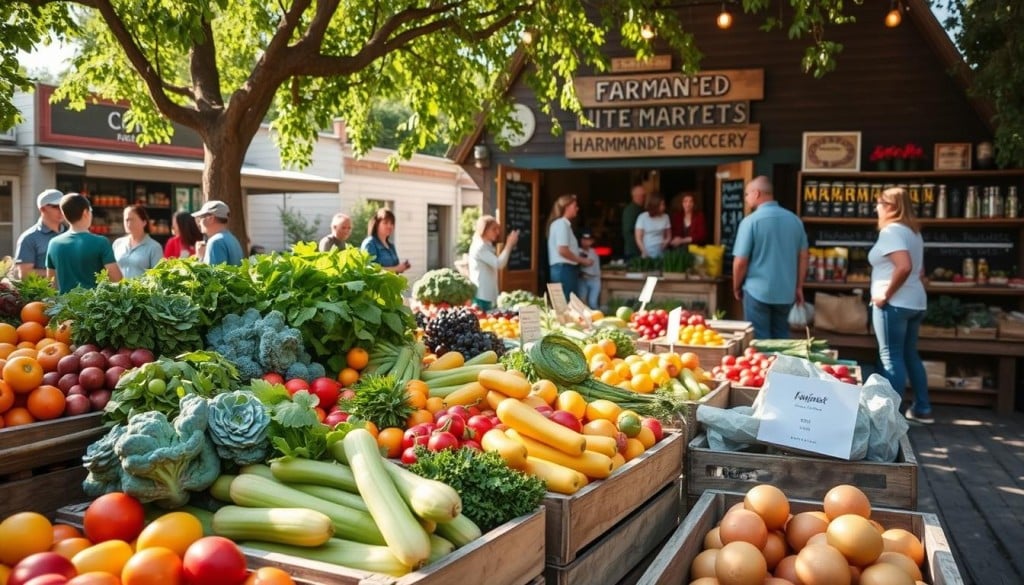 Local produce and neighborhood grocery stores support local farmers and community engagement.