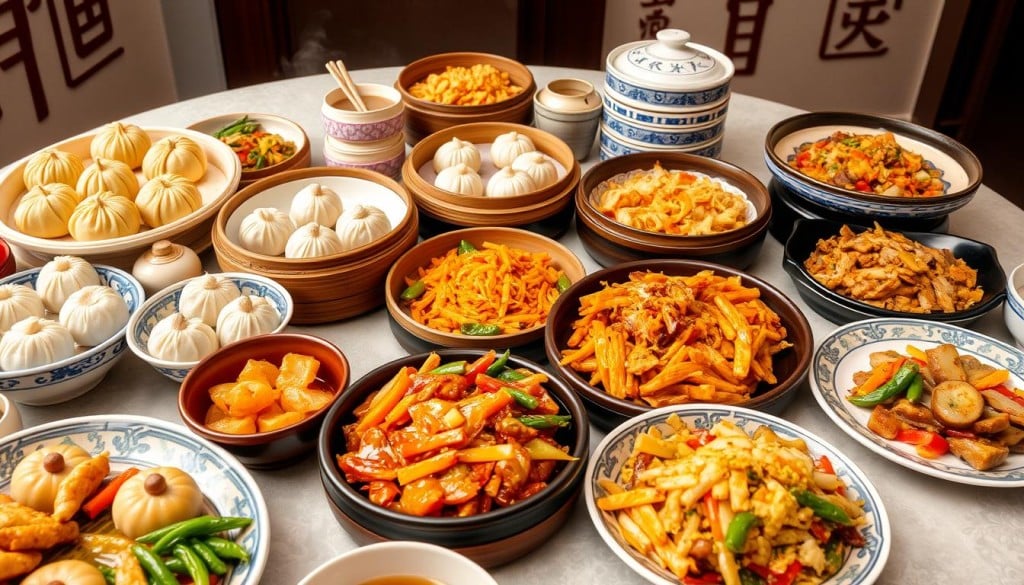 Popular Chinese dishes including dim sum and stir-fry options