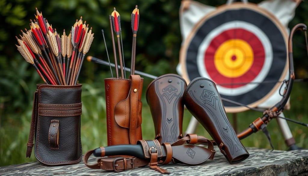 archery accessories including quivers and arm guards