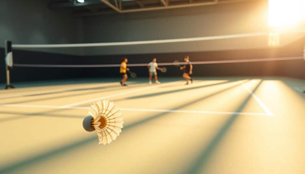 A badminton court with a regulation-height net spanning the center, casting long shadows in soft, warm lighting. The court is pristine, with crisp white lines delineating the service boxes and boundaries. In the foreground, a shuttlecock hovers gracefully, its intricate feather structure visible. The middle ground features a pair of players, one poised to return a serve, the other in mid-volley, their rackets a blur of motion. The background is blurred, emphasizing the focus on the gameplay and rules. The overall scene conveys the elegance, precision, and strategies inherent in the sport of badminton.