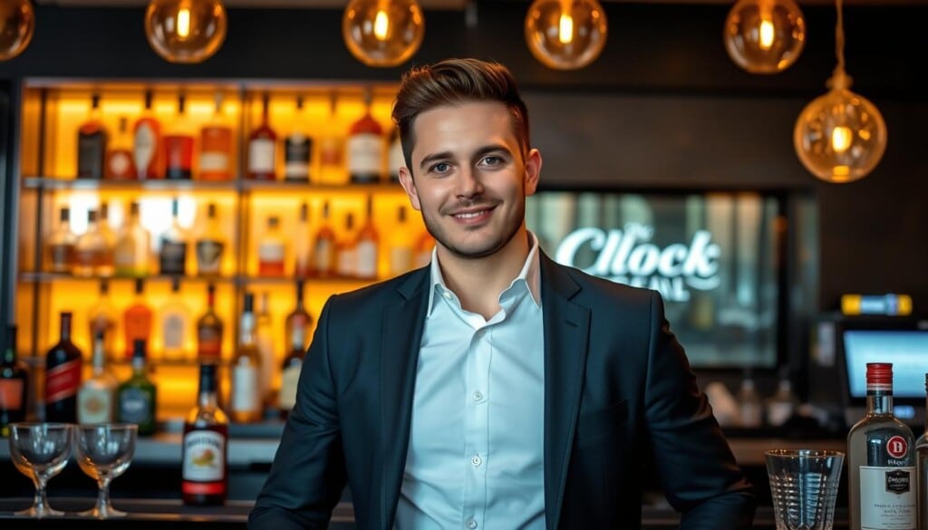A bartender standing confidently behind the bar, their crisp uniform and well-groomed appearance exuding professionalism. Bottles of liquor and glassware neatly arranged, illuminated by warm, focused lighting that casts a inviting glow. In the background, a sleek, minimalist bar design with subtle branding elements, creating a visually cohesive and branded environment. The bartender's posture and facial expression convey expertise, approachability, and a genuine passion for their craft, embodying the essence of personal branding in the bartending industry.