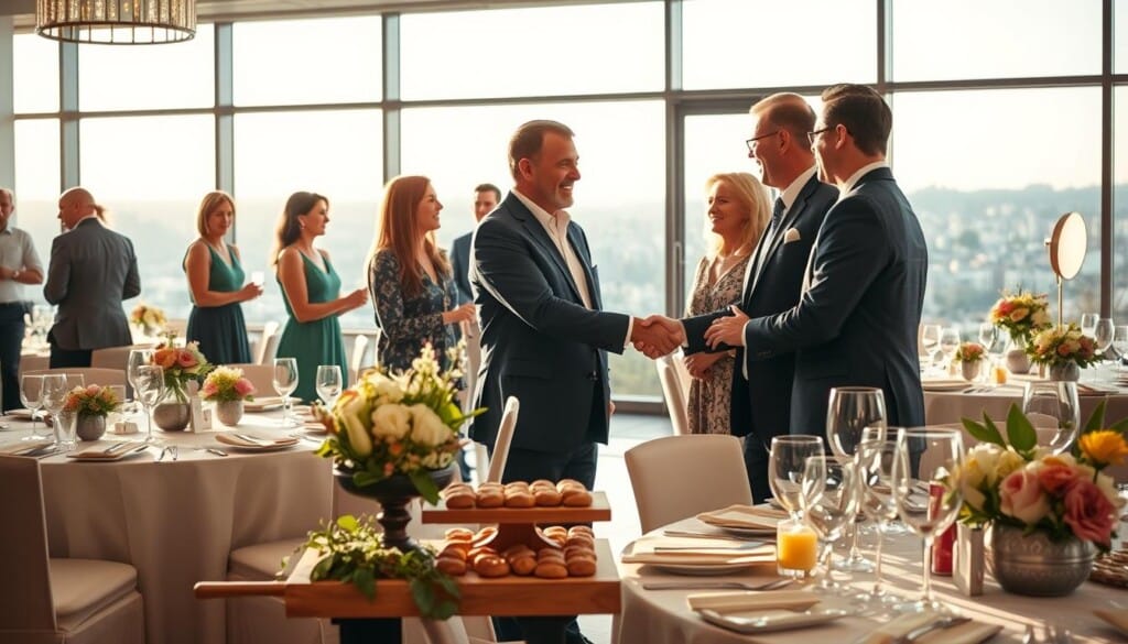 A beautifully lit banquet hall, with elegant tables adorned with locally sourced floral arrangements and handcrafted centerpieces. In the foreground, a group of event organizers and local business owners shaking hands, their faces reflecting a sense of collaboration and partnership. The middle ground showcases an array of locally made artisanal goods, such as gourmet catering platters and handcrafted glassware, creating a warm and inviting atmosphere. The background features large windows overlooking a picturesque urban landscape, bathed in soft, natural lighting. The overall scene conveys a mood of sophistication, community, and a commitment to supporting local businesses.