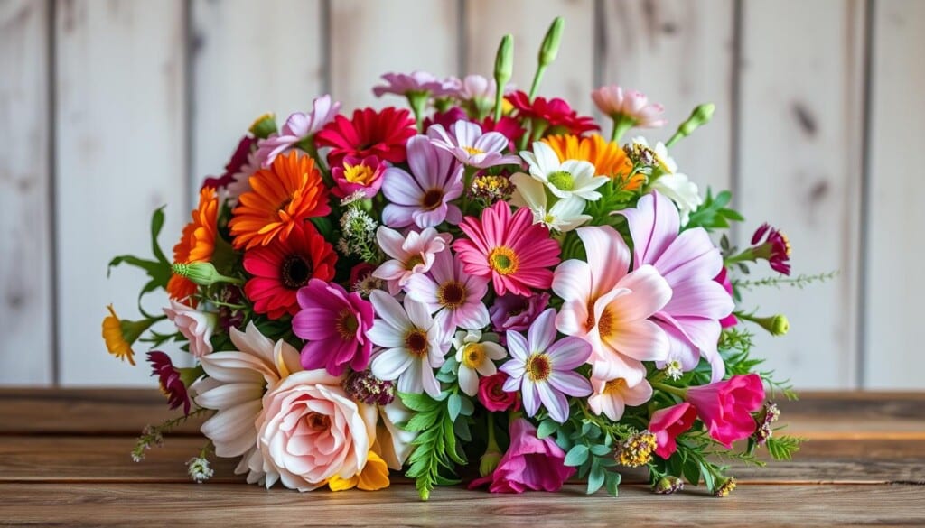 A beautifully lit, high-resolution image of a DIY floral arrangement showcasing an assortment of vibrant, freshly picked flowers. The arrangement is set on a rustic wooden table, with a natural, airy backdrop that highlights the colors and textures of the blooms. The composition features a mix of delicate petals, lush foliage, and varying stem lengths, creating a visually striking and harmonious display. Soft, warm lighting accentuates the organic, handcrafted aesthetic, conveying a sense of artisanal creativity and personal expression. The overall mood is one of natural beauty, simplicity, and a touch of modern elegance.