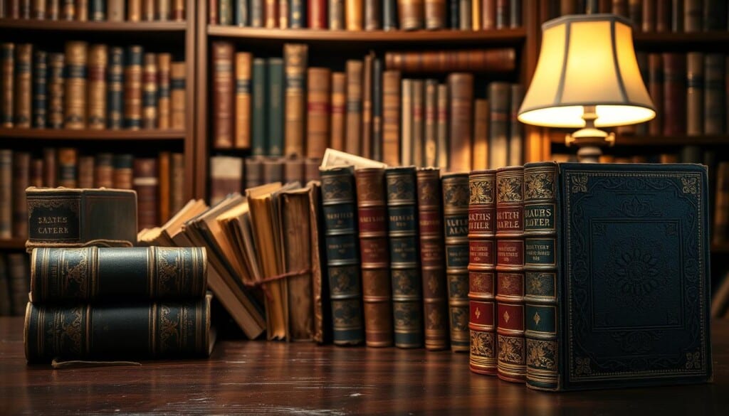A beautifully lit, high-resolution photograph of a meticulously curated collection of rare, antique, and collectible books. The foreground features several leather-bound volumes with intricate gold-embossed spines, positioned on a dark wooden table. The middle ground showcases a mix of hardcover and softcover books in various states of preservation, some with aged, yellowed pages peeking out. In the background, a well-stocked bookshelf filled with more unique and valuable tomes creates a sense of depth and scholarly atmosphere. Soft, warm lighting from a nearby lamp casts a gentle glow, highlighting the textures and patinas of the aged books, creating a mood of intellectual contemplation and the allure of rare literary treasures.