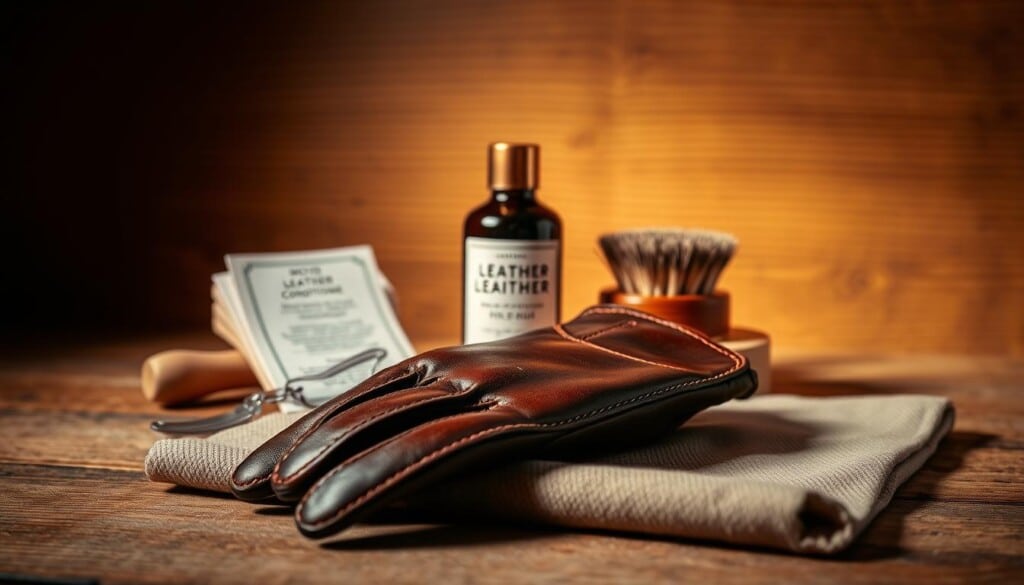A beautifully lit still life arrangement capturing a collection of premium leather care products. In the foreground, a supple, dark brown leather glove sits atop a soft cloth, radiating a warm, luxurious texture. In the middle ground, a brass-capped bottle of leather conditioner and a small horsehair brush nestle beside a stack of leather care instructions. The background features a natural, textured wood surface, softly illuminated by a diffused, golden light, creating a calming, sophisticated atmosphere. The overall composition emphasizes the artisanal nature and proper maintenance of premium leather goods.