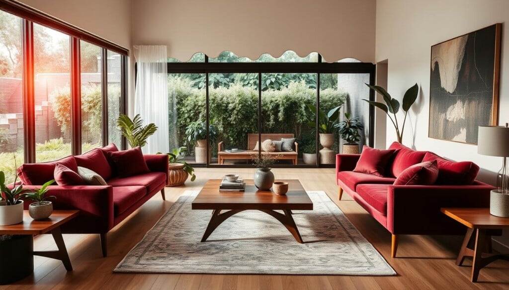 A beautifully staged modern living room, bathed in warm, soft lighting from a large window overlooking a lush garden. Plush velvet sofas in a rich burgundy hue, complemented by sleek, midcentury-inspired coffee tables and end tables in polished wood tones. Thoughtfully curated decor elements, such as a large abstract painting, a textured area rug, and artfully placed houseplants, create a cohesive, visually appealing space. The overall atmosphere is one of sophistication, comfort, and timeless style - a perfect representation of current home staging trends.