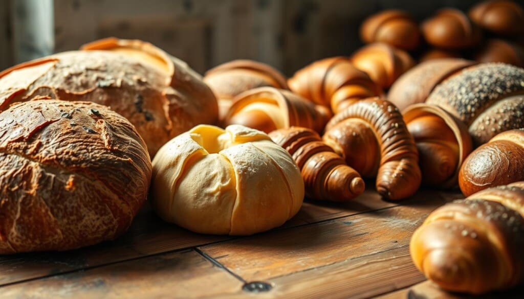 A bountiful display of artisanal breads, freshly baked with care, resting on a rustic wooden table. In the foreground, a crusty sourdough boule, its golden crust glistening under the warm natural lighting. Beside it, a plump, pillowy brioche, its eggy richness tempting the senses. In the middle ground, a selection of flaky croissants, their delicate layers unfurling invitingly. In the background, a scattering of whole wheat rolls and seeded baguettes, the aroma of yeast and herbs wafting through the cozy, bakery-inspired scene. The composition is framed by a softly blurred, vintage-inspired backdrop, lending an air of craftsmanship and artistry to the display of these exceptional baked goods.