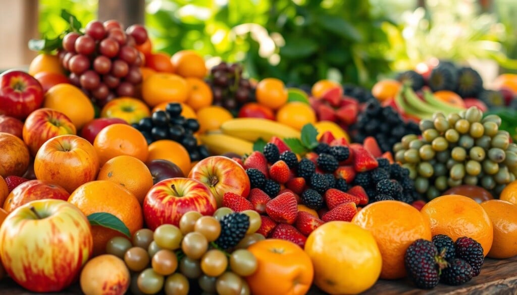 A bountiful display of fresh, vibrant fruits nestled on a rustic wooden table, bathed in warm, natural light. In the foreground, a colorful array of ripe apples, juicy oranges, and succulent grapes, all glistening with a hint of morning dew. The middle ground features a mix of seasonal berries, from plump strawberries to juicy blackberries, arranged in a visually appealing manner. In the background, a lush, verdant backdrop suggests the abundance of the local farmers market, inviting the viewer to explore and discover the bounty of the season. The overall scene exudes a sense of freshness, quality, and a connection to the local, seasonal produce that one would expect to find at a thriving farmers market.