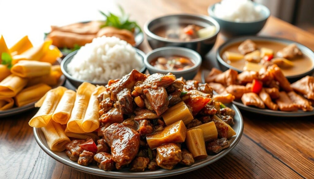 A bountiful feast of authentic Filipino dishes, meticulously arranged on a wooden table with a rustic texture. In the foreground, a heaping plate of adobo, the national dish, with its glistening, caramelized surface. Beside it, a vibrant array of colorful lumpia, crisp and golden. In the middle, a steaming bowl of savory sinigang, its broth a tantalizing blend of sour and umami. In the background, a platter of fragrant, coconut-infused kare-kare, accompanied by a mound of fluffy white rice. Soft, natural lighting casts a warm, inviting glow over the entire scene, highlighting the rich, mouthwatering textures and flavors of these quintessential Filipino culinary delights.