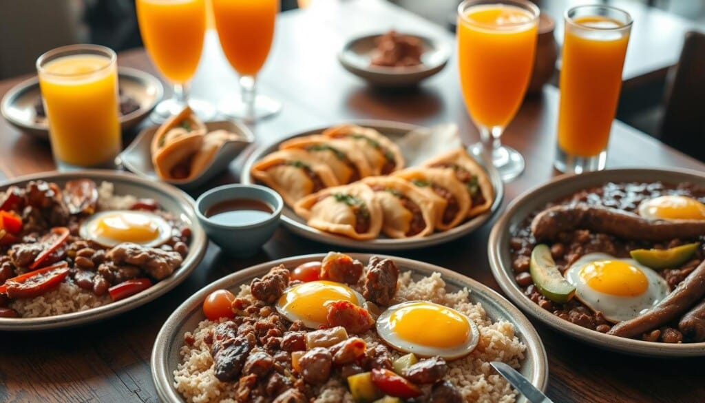 A bountiful spread of traditional Colombian comfort foods, artfully arranged on a wooden table. In the foreground, steaming plates of aromatic bandeja paisa - a hearty platter of rice, red beans, ground meat, fried egg, fried plantain, avocado, and chorizo. In the middle ground, vibrant empanadas oozing with savory fillings, accompanied by tangy aji sauce. In the background, tall glasses of refreshing lulo juice, their vibrant orange hue illuminated by soft, warm lighting. The scene is infused with the comforting aromas of spices, sizzling meats, and earthy ingredients, evoking the rich culinary heritage of Colombia.