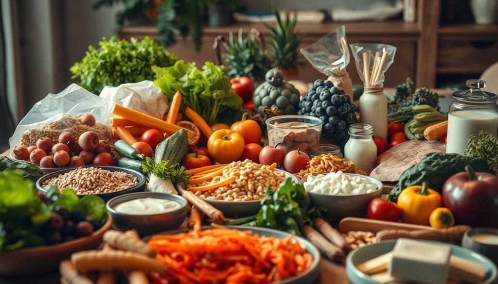 A bountiful table filled with an array of vibrant, nutrient-dense foods - crisp vegetables, juicy fruits, hearty whole grains, lean proteins, and creamy dairy. Soft, warm lighting casts a cozy glow, highlighting the natural textures and colors. The scene is meticulously composed, with each element thoughtfully placed to create a visually balanced and harmonious tableau. The overall mood is one of nourishment, health, and contentment, embodying the essence of a truly balanced diet.