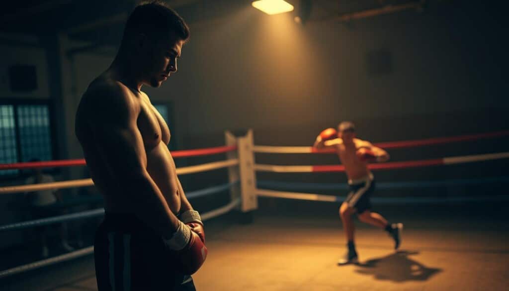 A boxer in a dimly lit boxing gym, standing with a slouched posture, hands lowered, and an unfocused gaze. In the middle ground, a boxer throws a sloppy, off-balance punch, their form awkward and unrefined. In the background, a second boxer trips over their own feet, arms flailing. The scene is bathed in a warm, amber-tinted lighting, creating a sense of frustration and a lack of proper technique. The overall atmosphere evokes the common mistakes and poor form often seen in beginner boxers.
