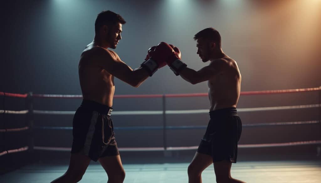 A boxing ring bathed in soft, diffused lighting. Two fighters, silhouetted against a dimly lit background, engage in a controlled sparring session. Their movements are fluid, their footwork nimble as they exchange measured blows, testing each other's defenses. The air is charged with tension and focus, the only sounds the dull thud of gloves against skin and the occasional grunt of exertion. The fighters' expressions are determined, their brows furrowed in concentration, as they navigate the dance of attack and defense. The scene captures the essence of the beginners' sparring experience - a blend of uncertainty, discipline, and the thrill of the exchange.