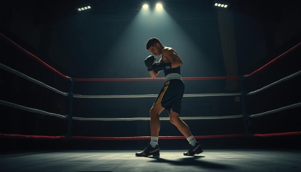 A boxing ring illuminated by dramatic lighting, with a boxer demonstrating perfect footwork technique. The boxer is in a balanced, low stance, with their feet shoulder-width apart and knees bent, ready to pivot and move quickly. The background is a dimly lit, gritty gym setting, emphasizing the intensity and focus of the training. The image is captured from a slightly elevated angle, giving a sense of the boxer's agility and control. The overall atmosphere is one of precision, power, and the mastery of the fundamentals of boxing.
