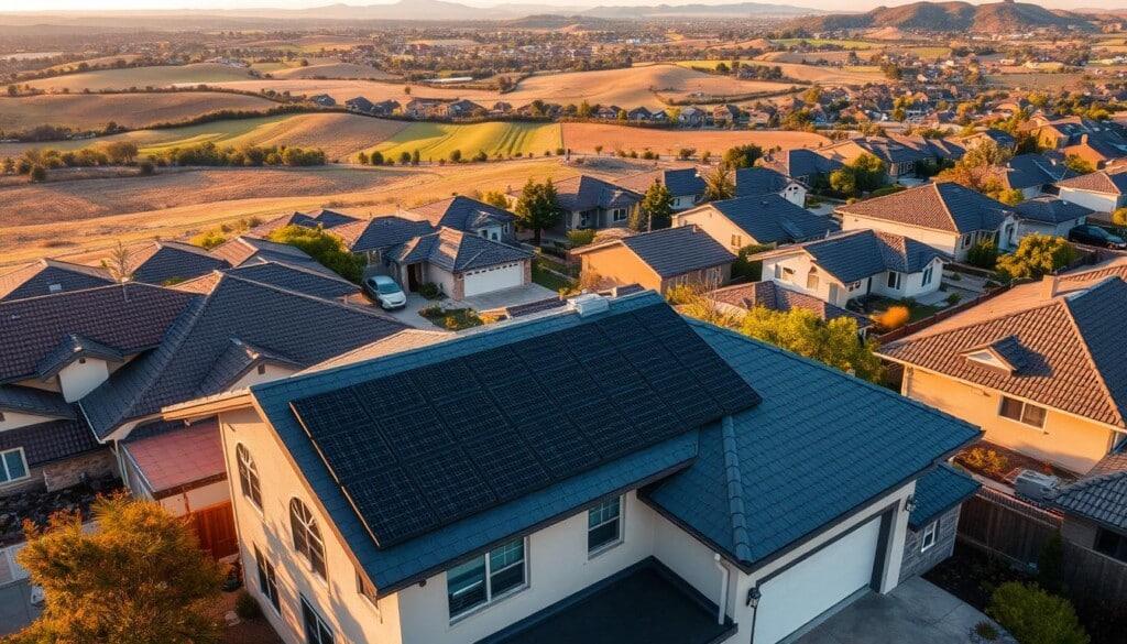 A breathtaking aerial view of a suburban neighborhood, showcasing the latest trends in roofing technology. In the foreground, a modern home with a sleek, low-profile solar roofing system, its panels seamlessly integrated into the architectural design. In the middle ground, a row of houses with diverse roofing materials, from traditional asphalt shingles to innovative metal panels and ceramic tiles, each reflecting the unique style and preferences of the homeowners. The background is a panoramic landscape, where rolling hills and lush greenery create a picturesque setting, bathed in the warm glow of the golden hour. The image conveys a sense of progress and sustainability, where cutting-edge roofing solutions coexist harmoniously with the natural environment.