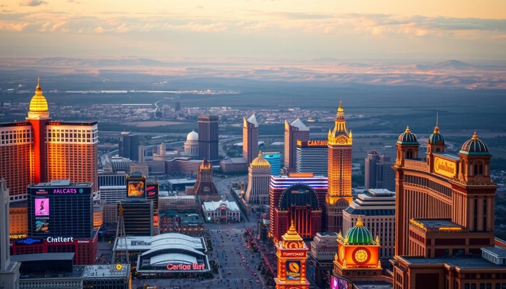 A breathtaking cityscape featuring the most renowned casino destinations in the United States. In the foreground, the iconic neon lights and bustling crowds of the Las Vegas Strip, with the towering hotels and casinos of Caesars Palace, MGM Grand, and The Venetian. In the middle ground, the boardwalk and glittering towers of Atlantic City, including the distinctive architecture of Bally's, Tropicana, and Borgata. In the background, the serene landscapes of Native American reservations, showcasing the grand scale and cultural elements of casinos like Mohegan Sun and Foxwoods Resort. The scene is bathed in a warm, golden glow, capturing the excitement, opulence, and diversity of the top casino hubs in the country.