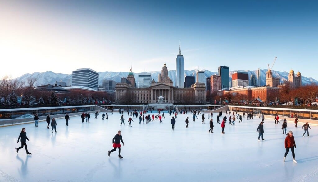 A breathtaking panorama of the country's top ice skating rinks, each one a winter wonderland. In the foreground, graceful skaters glide across the pristine, mirror-like surfaces, their movements captured in a dramatic low-angle shot that showcases the rinks' architectural grandeur. The middle ground features the iconic landmarks and skylines of the surrounding cities, bathed in a warm, golden glow from the soft, diffused lighting. In the background, snow-capped mountains or towering skyscrapers provide a majestic backdrop, creating a sense of scale and wonder. The overall atmosphere is one of joy, serenity, and a celebration of the beauty of the winter season.