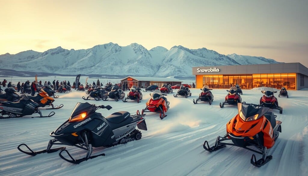 A breathtaking snowy landscape, where snowmobiles of various makes and models glide effortlessly across a pristine, powdery expanse. In the foreground, sleek and powerful machines in vibrant hues, their dynamic silhouettes capturing the thrill of winter adventures. The middle ground reveals a bustling snowmobile dealership, its showroom windows displaying the latest trends and innovations. In the background, a majestic mountain range, its peaks capped with glittering snow, creating a serene and awe-inspiring backdrop. Warm, amber lighting casts a soft glow, evoking a sense of cozy comfort amidst the crisp, winter air. The scene conveys the growing popularity and diverse appeal of the snowmobile market, inviting viewers to explore the exciting world of this winter sport.