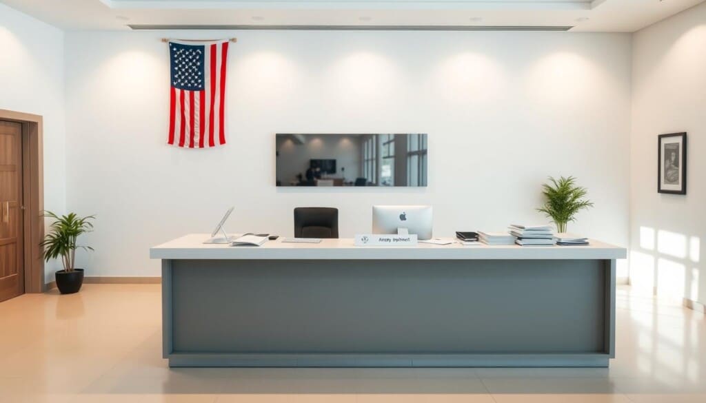 A bright, airy, and professional-looking office space, with a large desk in the center. On the desk, there are various documents, a computer, and a nameplate with "Embassy Appointment" written on it. In the background, a wall-mounted flag of the United States hangs, signifying the embassy's location. The lighting is soft and warm, creating a welcoming atmosphere. The floor is covered in a sleek, modern tile, and the room is adorned with subtle, minimalist decor, such as a potted plant or a framed piece of artwork. The overall scene conveys a sense of efficiency, organization, and the importance of the embassy visit.