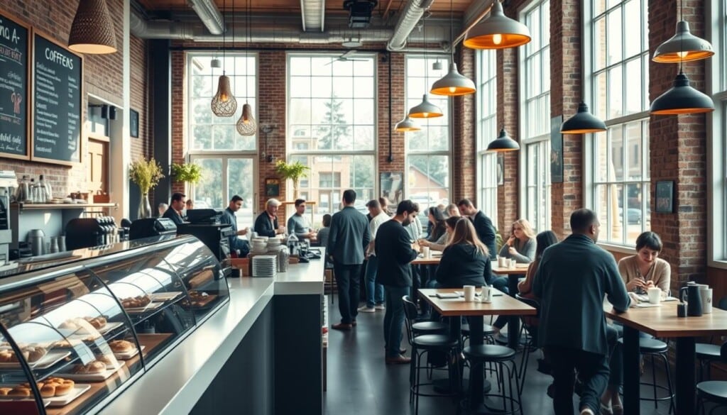 A bright, airy coffee shop interior filled with natural light streaming through large windows. In the foreground, a sleek, modern counter with an array of pastries and beverages on display. Behind the counter, a chalkboard menu hangs, showcasing the cafe's offerings. In the middle ground, a group of people are gathered around tables, chatting and enjoying their drinks. The background features stylish, industrial-inspired decor, with exposed brick walls, warm wooden accents, and pendant lighting fixtures casting a cozy glow. The overall atmosphere is inviting and vibrant, reflecting the welcoming ambiance of a thriving local coffee shop.