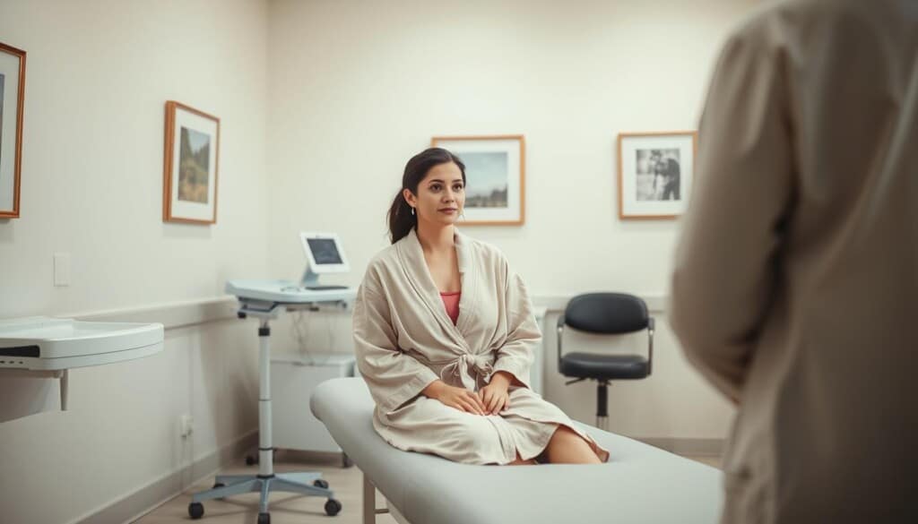 A bright, airy doctor's office with a welcoming atmosphere. In the foreground, a woman sits on an examination table, dressed in a comfortable robe, preparing herself mentally and physically for her gynecological appointment. The woman's expression is calm and attentive, conveying a sense of trust and willingness to communicate openly with her healthcare provider. The middle ground features a clean, modern medical equipment tray and a rolling stool, suggesting the professionalism and care of the medical staff. The background showcases soothing pastel-colored walls, framed artwork, and discreet lighting, creating a relaxed and private environment. The overall scene radiates a sense of reassurance and empowerment, encouraging the viewer to feel confident and at ease during their own gynecological visit.