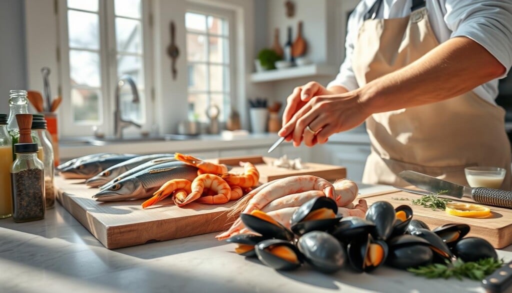 A bright, airy kitchen with natural light streaming in through large windows. On the counter, freshly caught seafood - shiny fish, plump shrimp, and glistening mussels - ready to be transformed into a delectable home-cooked meal. A cutting board, sharp knives, and an array of spices and herbs stand by, waiting to add flavor. The cook, their hands skillful and sure, prepares the seafood with care, their movements graceful and focused. The air is filled with the enticing aromas of sizzling butter, garlic, and the briny scent of the sea. A sense of warmth, comfort, and culinary creativity pervades the scene, inviting the viewer to imagine the delicious seafood dish that will soon emerge from this home kitchen.