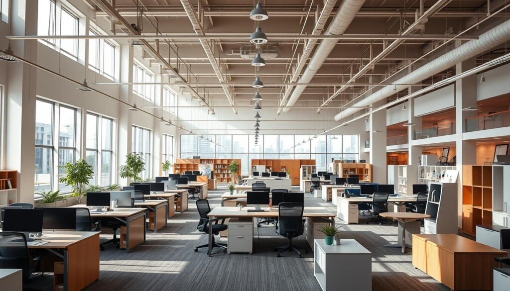 A bright, airy office furniture showroom with a sleek modern aesthetic. The foreground features a well-curated selection of desks, chairs, and storage units arranged in stylish vignettes. The middle ground showcases a range of ergonomic office accessories and task lighting options. In the background, floor-to-ceiling windows allow natural light to flood the space, creating a warm and inviting atmosphere. The overall scene conveys a sense of professional sophistication and productivity-enhancing design. Captured with a wide-angle lens to showcase the expansive showroom layout.