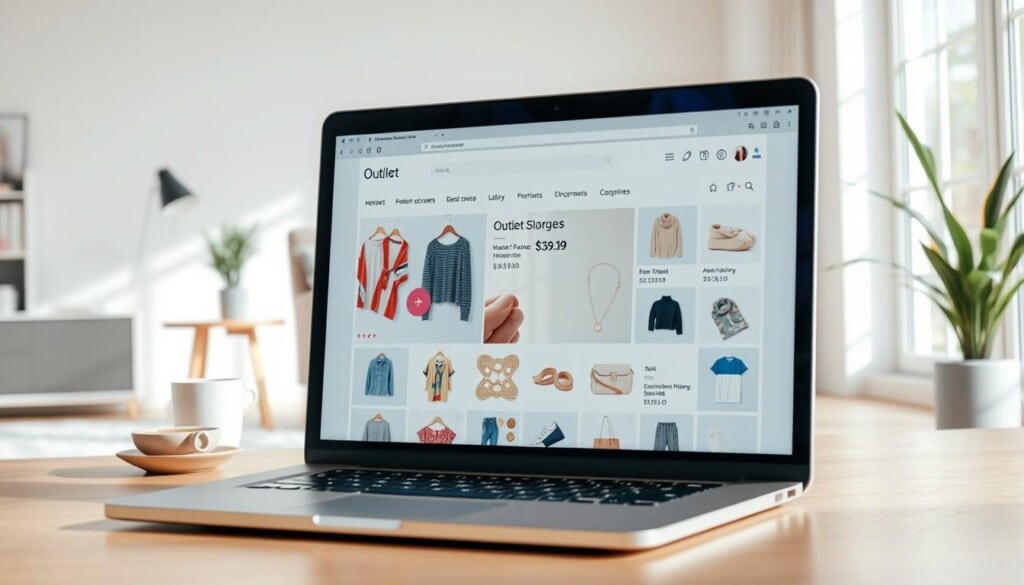 A bright, airy online shopping scene with a focus on outlet store deals. In the foreground, a laptop displays a sleek e-commerce website showcasing various clothing, accessories, and home goods at discounted prices. The middle ground features a modern, minimalist workspace setup with a cozy armchair, a side table with a mug of coffee, and a potted plant, creating a relaxed, productive atmosphere. The background depicts a warm, sun-drenched room with large windows, allowing natural light to pour in and accentuate the crisp, clean aesthetics. The overall mood is one of efficiency, comfort, and the excitement of scoring incredible bargains through online outlet shopping.