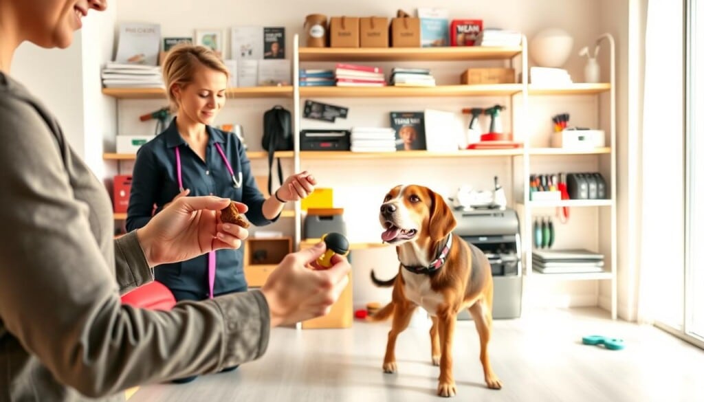 A bright, airy studio setting with various pet training tools and equipment showcased on a clean, minimalist backdrop. In the foreground, a professional dog trainer demonstrates positive reinforcement techniques using treats and toys, their face and hands in focus. In the middle ground, a well-behaved dog obediently follows commands. The background features shelves stocked with training manuals, clickers, and other accessories, conveying a sense of expertise and authority. Warm, natural lighting bathes the scene, creating a welcoming, educational atmosphere ideal for illustrating effective pet training methods.