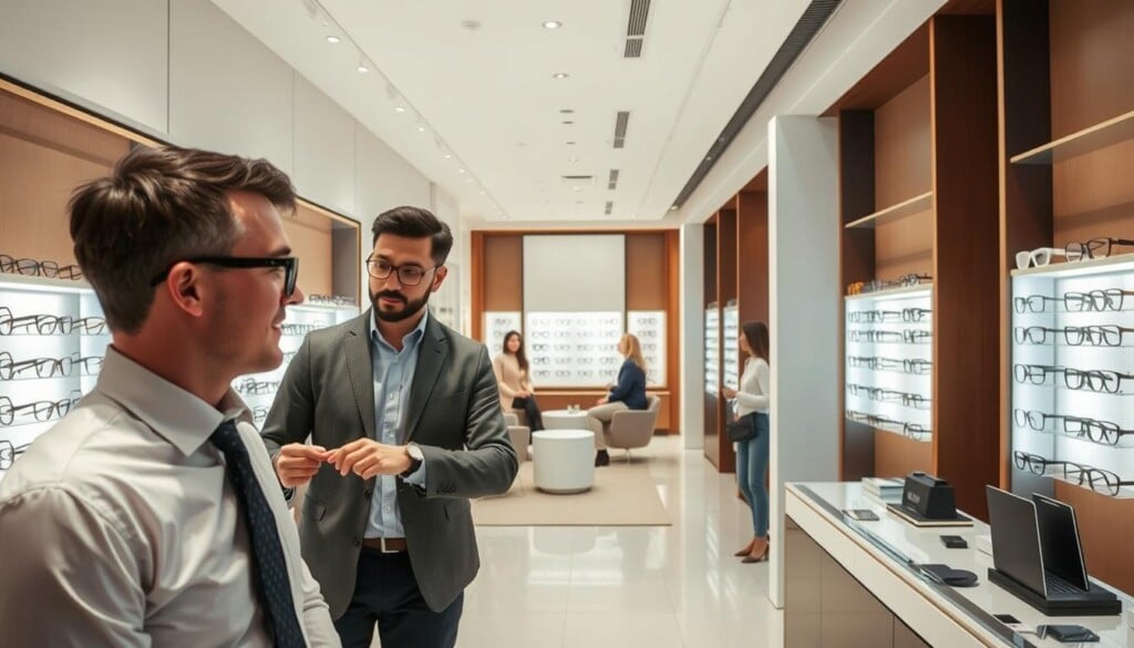 A bright and airy interior of a premium eyewear store, with sleek, modern displays showcasing an array of stylish frames. In the foreground, a well-dressed customer is being assisted by a knowledgeable sales associate, their interaction captured in a warm, natural lighting. The middle ground features an inviting seating area where other customers leisurely browse through the selection, while the background unveils a tasteful, minimalist decor that exudes a sense of sophistication and exclusivity. The overall atmosphere conveys a premium, personalized shopping experience that caters to the discerning tastes of the modern eyewear enthusiast.