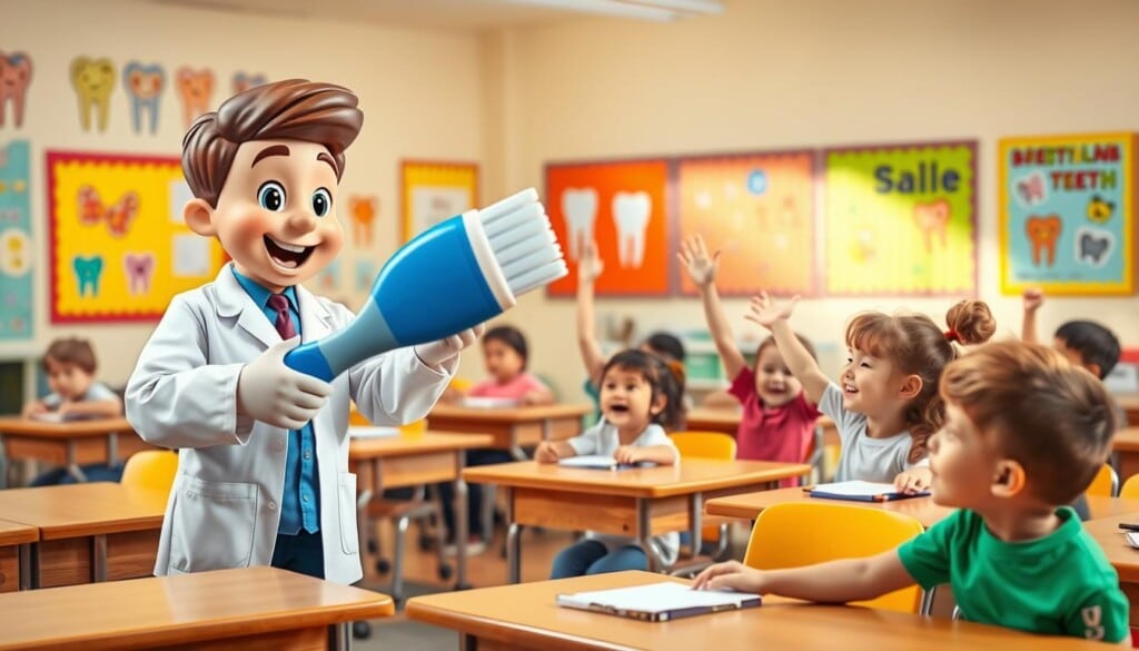 A bright and cheerful classroom setting with a group of young children seated at desks, engaged in a dental health lesson. The foreground features a friendly, animated pediatric dentist demonstrating proper brushing techniques using a oversized toothbrush model. The middle ground shows the attentive children, some raising their hands enthusiastically, while colorful dental health-themed posters adorn the walls in the background. Warm, natural lighting illuminates the scene, creating an inviting and educational atmosphere that encourages children's curiosity about caring for their teeth.