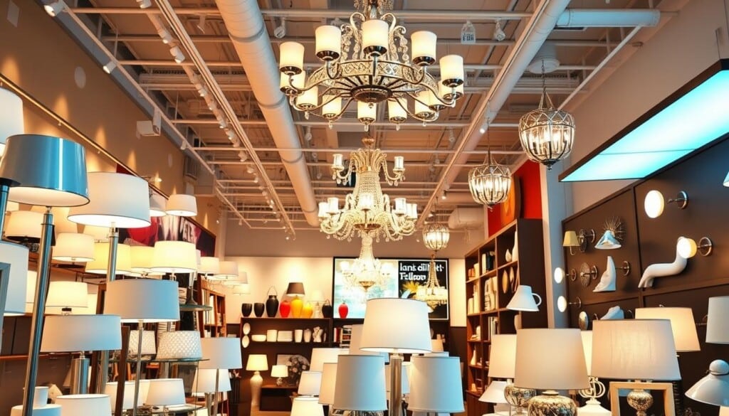 A bright and vibrant display of lighting fixtures, lamps, and luminaires in a modern showroom. The foreground features a range of floor lamps, table lamps, and pendant lights with sleek, contemporary designs. The middle ground showcases track lighting and recessed lighting options, highlighting their versatility. In the background, elegant chandeliers and sconces adorn the walls, creating a sense of sophisticated ambiance. Warm, diffused lighting illuminates the space, casting a cozy and welcoming atmosphere. The scene conveys a sense of excitement and discovery, inviting the viewer to explore the special offers and find the perfect lighting solutions for their homes.