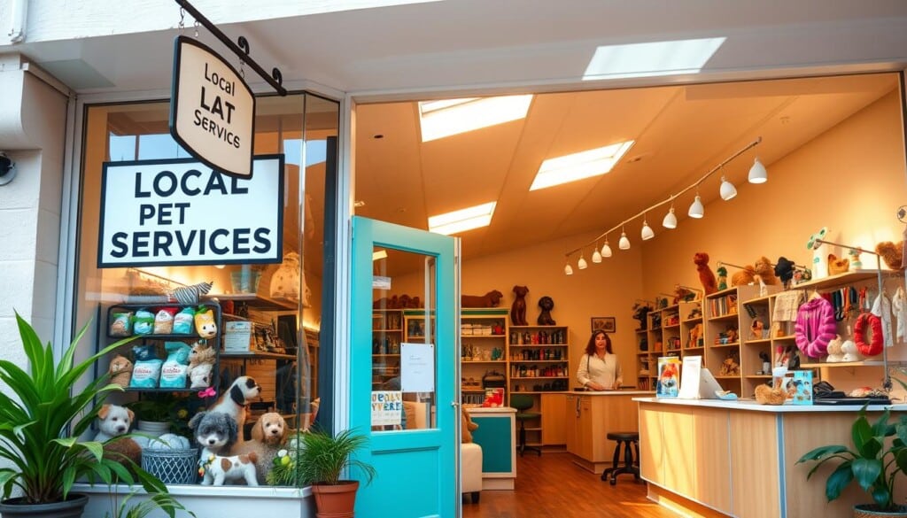 A bright, inviting storefront with a large window display showcasing various pet supplies and services. The entrance is flanked by lush potted plants and a hanging sign that reads "Local Pet Services". Inside, the cozy and well-lit space is filled with an array of pet accessories, grooming stations, and a welcoming counter with a friendly staff member. Warm natural light streams in from overhead skylights, casting a gentle glow over the scene. The overall atmosphere exudes a sense of care, community, and dedication to the well-being of local pets.