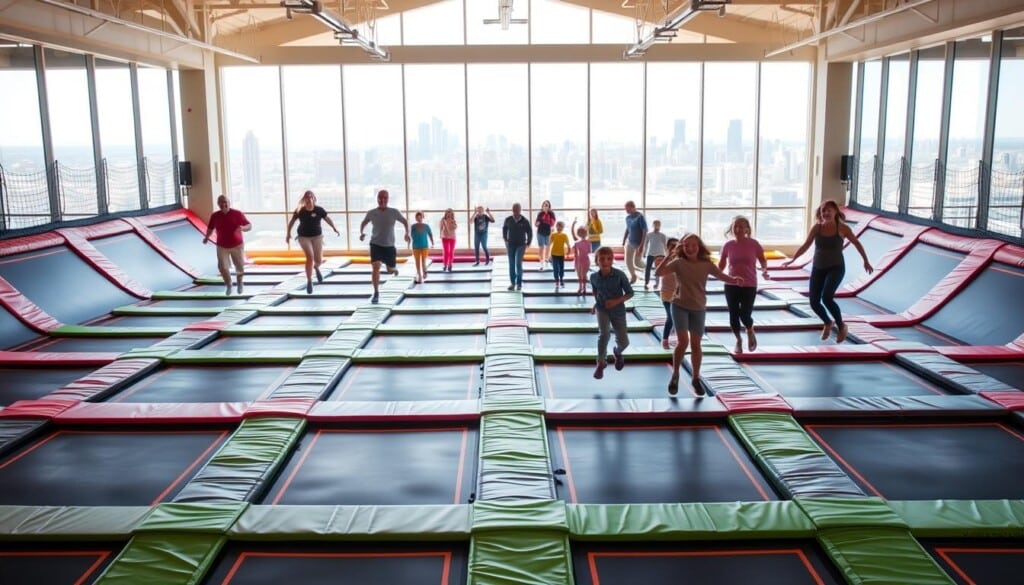 A bright, inviting trampoline park with rows of interconnected trampolines in the foreground. Colorful activity mats and safety nets line the perimeter, creating a safe and contained play area. In the middle ground, families and groups of friends are jumping and bouncing, their faces lit with joy. The background features panoramic windows overlooking an urban landscape, allowing natural light to flood the space. The overall atmosphere is one of excitement and lively energy, conveying the fun and excitement of making a reservation to enjoy this unique recreational experience.