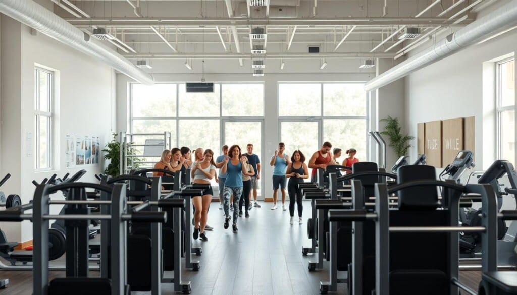A bright, modern gym interior with a focus on affordability and accessibility. In the foreground, rows of basic weight racks and exercise machines in neutral colors. In the middle ground, a group of people of diverse ages and backgrounds working out together, faces expressing determination. The background features large windows letting in natural light, simple decor, and minimal branding, conveying a welcoming, no-frills atmosphere. The overall scene radiates an inclusive, community-driven vibe, highlighting how a budget-friendly gym can still provide a quality fitness experience.