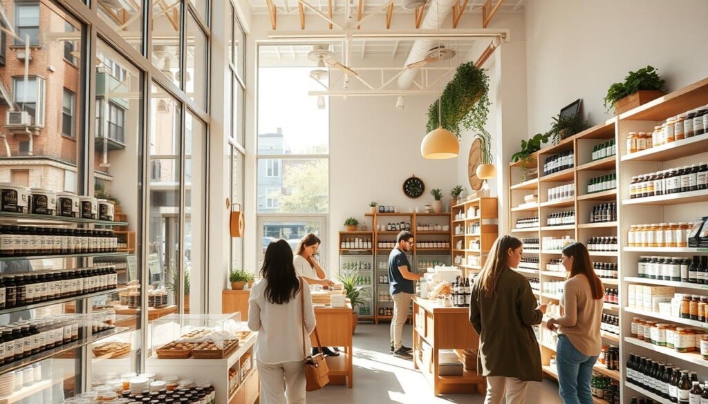A bright, modern health supplement store nestled in a bustling urban neighborhood. The storefront features large windows showcasing an abundance of natural products, vitamins, and wellness items. The interior is spacious and airy, with clean white walls, wooden shelves, and a welcoming atmosphere. Sunlight streams in through the windows, casting a warm glow over the carefully curated selection of supplements, tinctures, and health foods. Customers browse the aisles, talking to knowledgeable staff about their personal wellness needs. The overall scene conveys a sense of health, vitality, and a commitment to natural living.