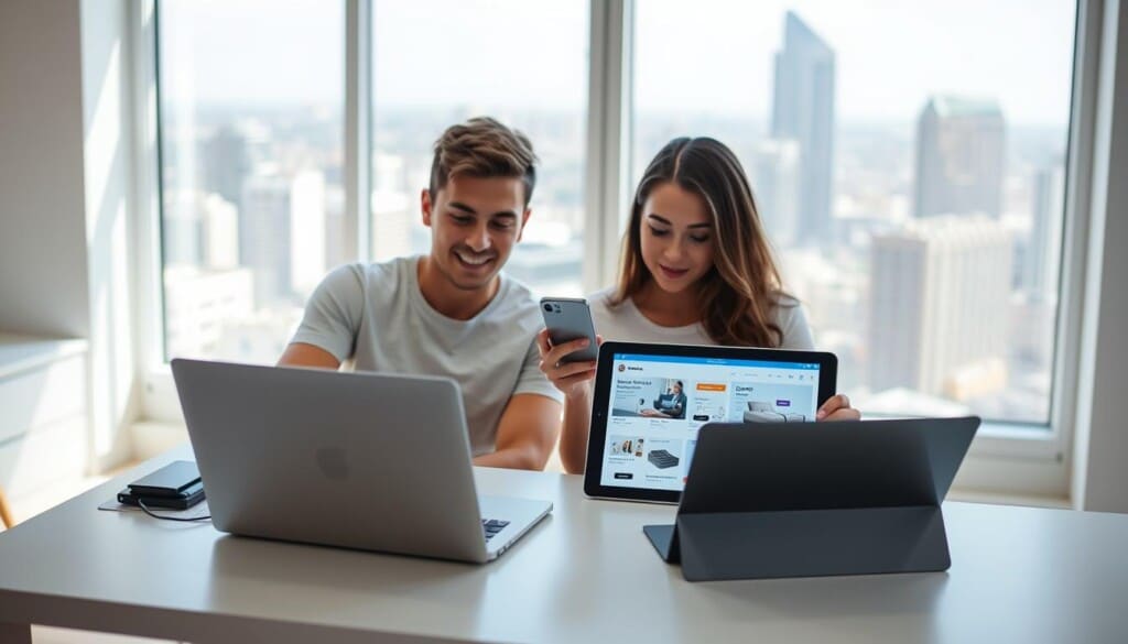 A bright, modern home office scene with a laptop, tablet, and smartphone on a clean, minimalist desk. In the foreground, a young adult is comparing online mattress shopping options on the devices. Behind them, a large window overlooking a city skyline provides natural lighting. The scene has a sleek, tech-savvy aesthetic, conveying the convenience and efficiency of online mattress comparison. The lighting is soft and diffuse, creating a calming, productive atmosphere.