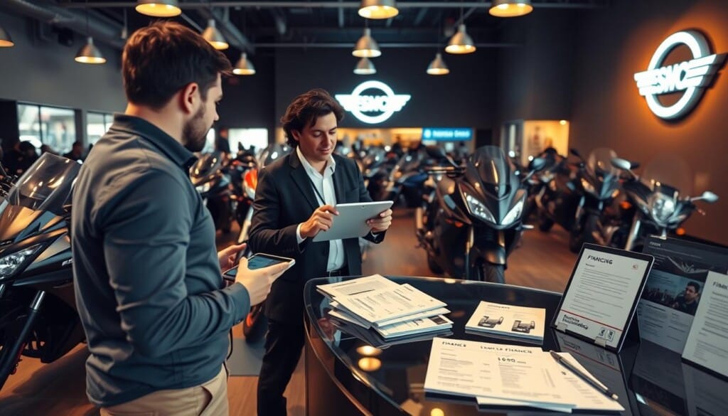 A bright, modern motorcycle dealership showroom with a variety of gleaming motorcycles on display. In the foreground, a salesperson discusses financing options with a customer, gesturing towards a tablet displaying payment plans and loan information. The middle ground features various financing brochures and documents neatly arranged on a glass-topped counter. The background showcases the dealership's logo and branding, creating a professional and trustworthy atmosphere. Warm, directional lighting illuminates the scene, casting subtle shadows and highlighting the motorcycles' sleek designs. The overall impression conveys a seamless, customer-centric financing experience tailored to the needs of motorcycle enthusiasts.