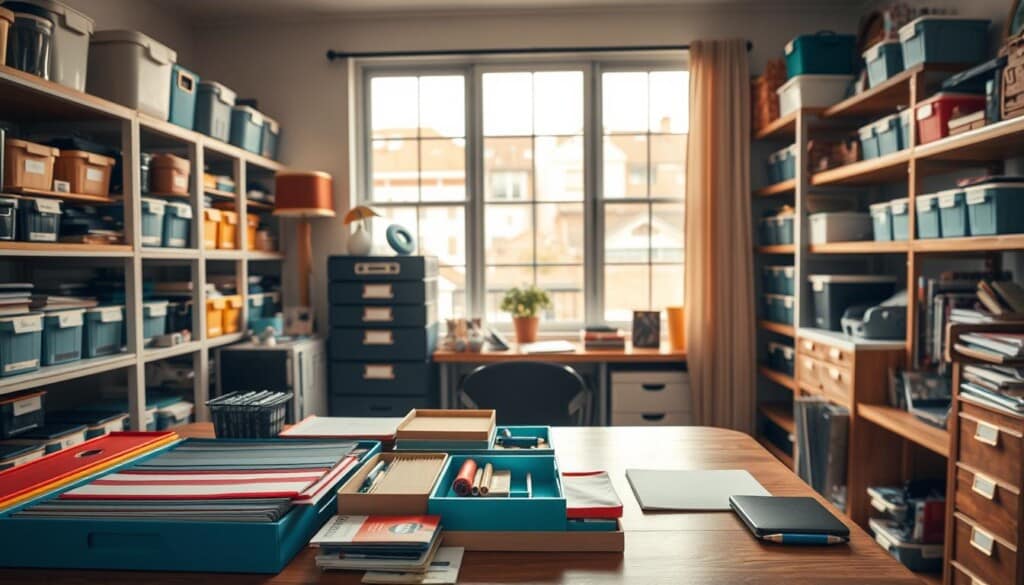 A bright, organized home office with a variety of organizational tools and supplies. In the foreground, a wooden desk holds a neatly arranged collection of colorful folders, trays, and desk accessories. In the middle ground, shelves display labeled containers, baskets, and storage units. The background features a large window overlooking a vibrant neighborhood, bathing the scene in warm, natural lighting. The overall atmosphere conveys a sense of productivity, efficiency, and a well-curated space that utilizes local resources to maintain a tidy, organized lifestyle.
