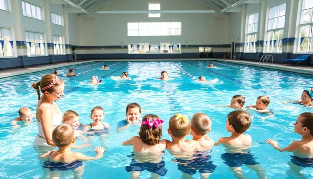A bright, well-lit indoor swimming pool with families participating in swim classes. In the foreground, a group of children and their parents are gathered around a cheerful, experienced instructor demonstrating swimming techniques. The middle ground shows swimmers of various ages and skill levels practicing their strokes in the clear, turquoise water. The background features a spacious, high-ceilinged pool area with large windows, allowing natural light to fill the space. The overall atmosphere is one of positivity, safety, and a sense of community, showcasing the expertise and care of the instructors at Elite Swim School.