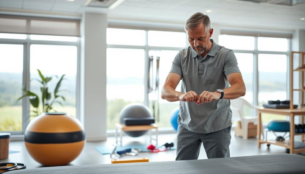 A bright, well-lit physical therapy clinic. In the foreground, a physical therapist carefully guides a patient through a series of gentle exercises, their expressions focused and attentive. In the middle ground, various therapeutic equipment like exercise balls, resistance bands, and massage tools are neatly arranged, conveying a sense of care and expertise. The background features large windows overlooking a serene outdoor scene, bathing the room in natural light and creating a calming, restorative atmosphere. The overall mood is one of professionalism, empathy, and a collaborative approach to managing the patient's pain through personalized, evidence-based physical therapy.