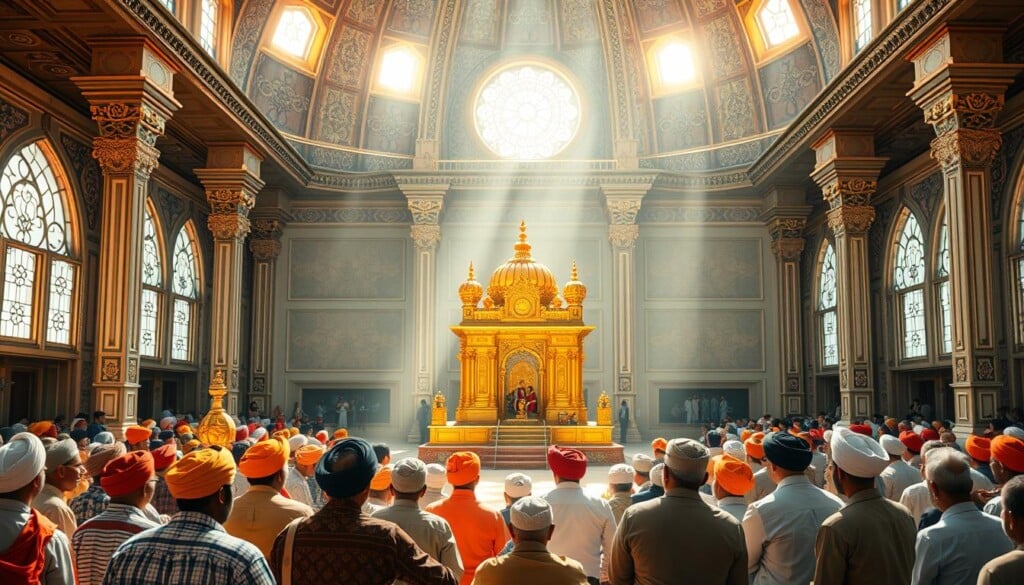 A brightly lit Sikh Gurdwara interior, with sunlight streaming through ornate windows. In the foreground, diverse groups of people - Sikhs, Christians, Muslims, and others - sit together in a circle, engaged in thoughtful discussion. The middle ground features the Guru Granth Sahib, the Sikh holy scripture, placed on an elevated platform, radiating a sense of reverence. In the background, the Gurdwara's intricate architecture, adorned with traditional motifs, creates a serene and welcoming atmosphere, fostering an environment of interfaith harmony and understanding.