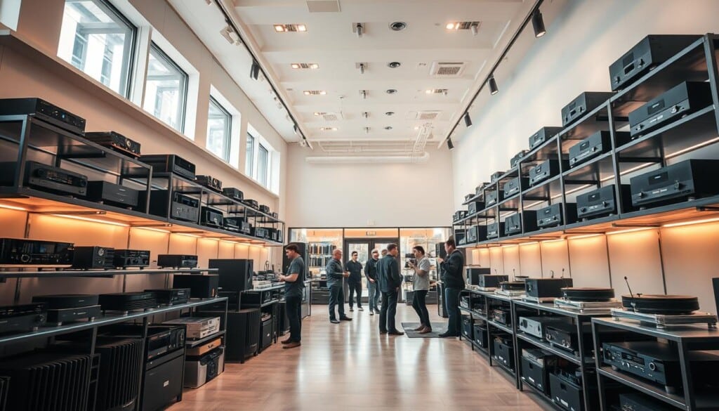 A brightly lit, expansive home audio store interior with a high-ceilinged, modern, and spacious layout. Rows of sleek, black audio equipment - amplifiers, speakers, turntables, and hi-fi systems - neatly arranged on display shelves. Warm, subtle lighting highlights the brushed metal and glossy finishes, creating a welcoming, premium ambiance. Customers browse the products, examining them closely, as knowledgeable sales associates provide assistance. Large windows on the storefront allow natural light to flood the space, giving it an airy, inviting atmosphere. The overall scene conveys a sense of quality, expertise, and a passion for high-fidelity audio.