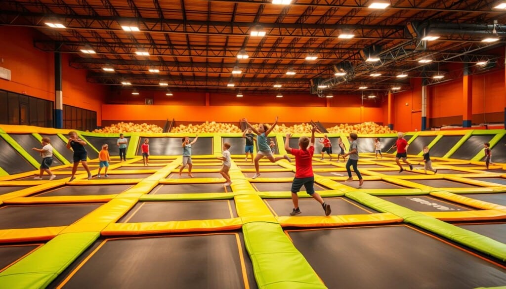 A brightly lit, expansive trampoline park filled with plush, cushioned foam pits. The foreground features an array of interconnected trampolines, their elastic surfaces invitingly bouncy. In the middle ground, children and adults alike gracefully leap and twist, their bodies suspended in mid-air. The background reveals a spacious, well-ventilated arena with high ceilings, allowing for ample vertical movement. Warm, diffused lighting casts a cheerful glow, accentuating the vibrant colors of the padded surfaces. The overall scene exudes a sense of boundless energy, playfulness, and pure, unbridled fun.
