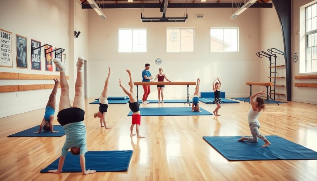 A brightly lit gym interior, with pristine hardwood floors and wall-mounted gymnastics equipment. In the foreground, a group of young gymnasts practice basic skills - handstands, cartwheels, and balance beam exercises. Their movements are graceful and precise, their faces focused. The middle ground features a coach demonstrating proper technique, guiding the students with gentle encouragement. In the background, motivational posters and safety mats create a welcoming, supportive atmosphere. Soft, natural lighting filters through large windows, illuminating the scene with a sense of warmth and possibility. The overall mood is one of determination, camaraderie, and the joy of learning new physical skills.