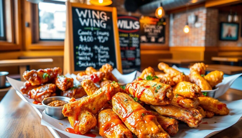 A brightly-lit, high-contrast image of a table in a casual dining restaurant, showcasing an assortment of chicken wings in various flavors and sauces. In the foreground, juicy, golden-brown wings with crispy skin are arranged artfully, drizzled with tangy sauces and sprinkled with fresh herbs. In the middle ground, a chalkboard sign highlights the current "Wing Night" promotion, with details on discounted pricing and all-you-can-eat specials. The background features a warm, inviting atmosphere with wooden accents, exposed brick walls, and a lively, energetic vibe, capturing the essence of a vibrant chicken wing eatery.