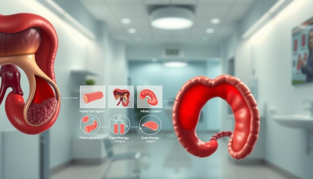 A brightly lit medical illustration showcasing various hemorrhoid treatment options. In the foreground, a detailed close-up of a prolapsed internal hemorrhoid, rendered with precision and anatomical accuracy. In the middle ground, a series of minimally invasive procedures displayed, such as rubber band ligation, infrared coagulation, and sclerotherapy, depicted using clear, diagrammatic visualizations. In the background, a softly blurred scene of a modern proctology clinic, conveying a sense of professionalism and patient-centered care. The overall mood is informative and educational, with a clean, clinical aesthetic to support the article's focus on expert proctological services.