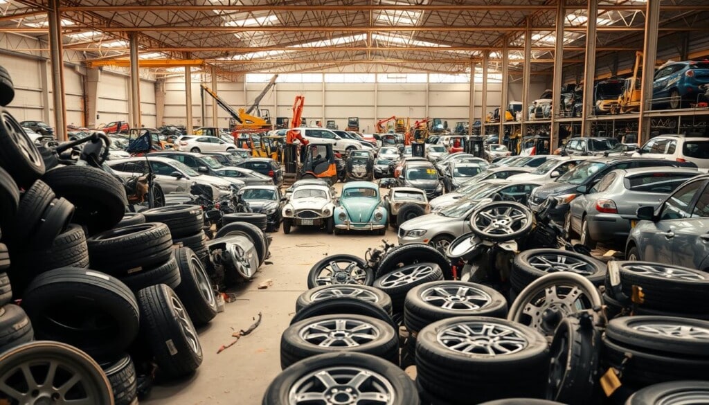 A brightly lit salvage yard filled with a variety of car parts arranged in an organized display. In the foreground, a selection of used tires, rims, and engine components catches the eye. In the middle ground, rows of weathered car bodies and doors await repurposing. The background is dotted with cranes and forklifts, conveying the bustling activity of the yard. The warm, golden lighting adds a sense of vitality and the clean, well-maintained setting suggests the benefits of using salvage yards for affordable, high-quality auto parts. A wide-angle lens captures the depth and scale of the scene, emphasizing the abundance of resources available to savvy car owners.